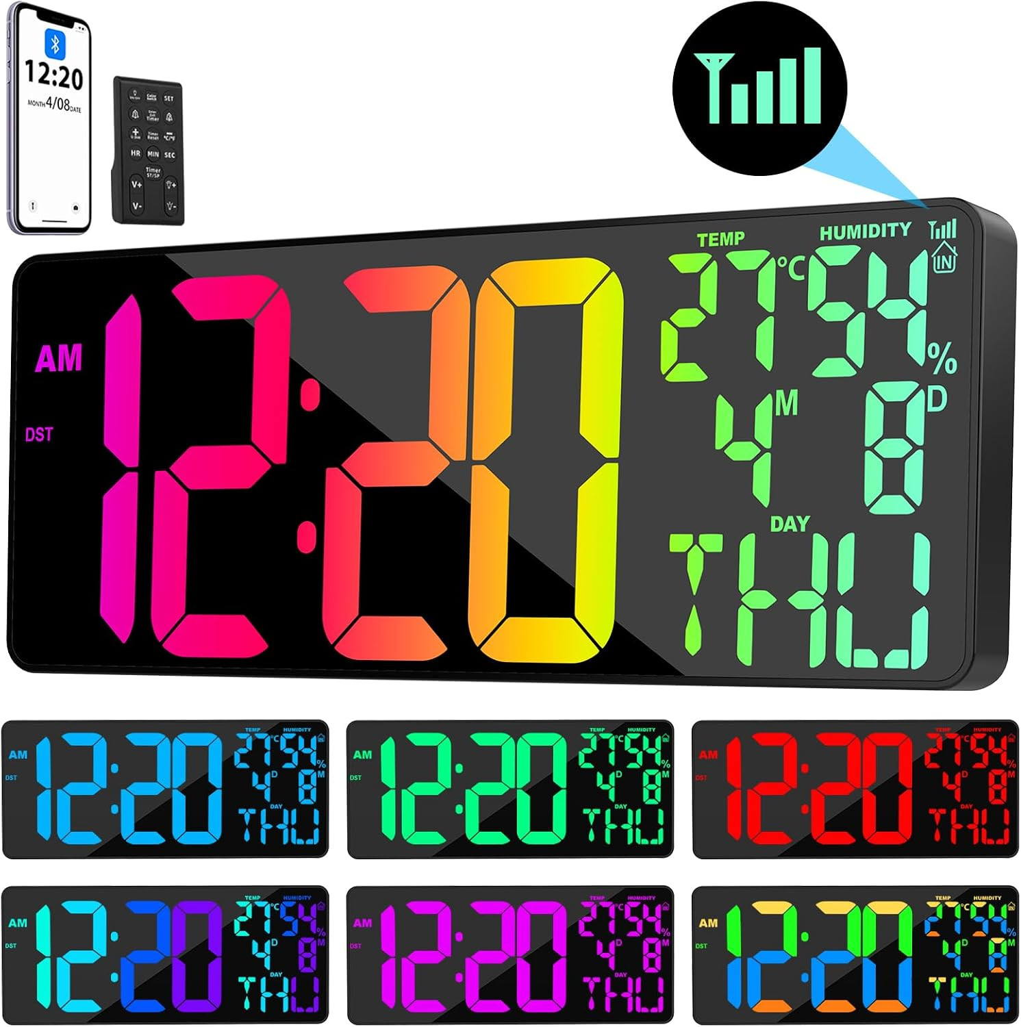 11 RGB Color Changes Large Digital Wall Clock/Bluetooth Auto Time Sync, Remote-C