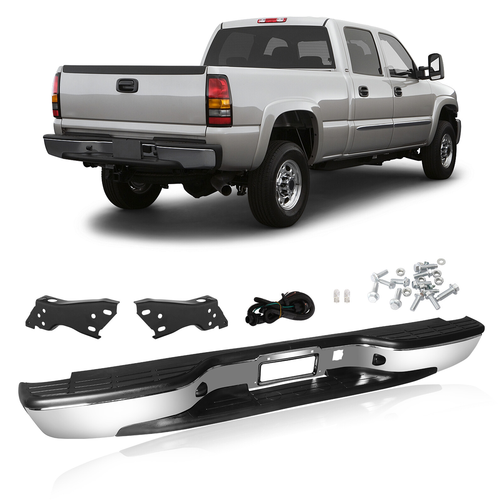 For 99-07 Chevy Silverado GMC Sierra 1500 2500 Chrome Complete Rear Step Bumper