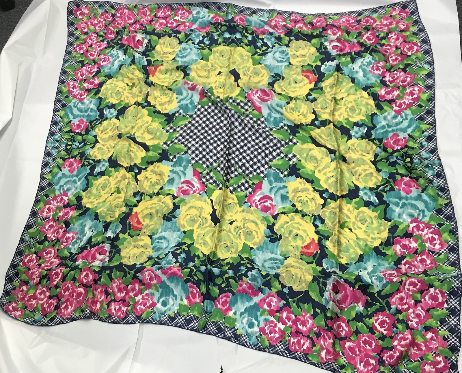 VTG Emanuel Ungaro pink yellow blue floral plaid gingham hand rolled silk scarf