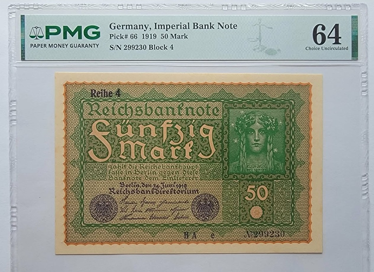 1919 50 Mark Germany Imperial Bank Note Pick# 66 PMG 64 Choice UNC 1919 50 Mark Germany Imperial Bank Note Pick# 66 PMG 64 Choice UNC