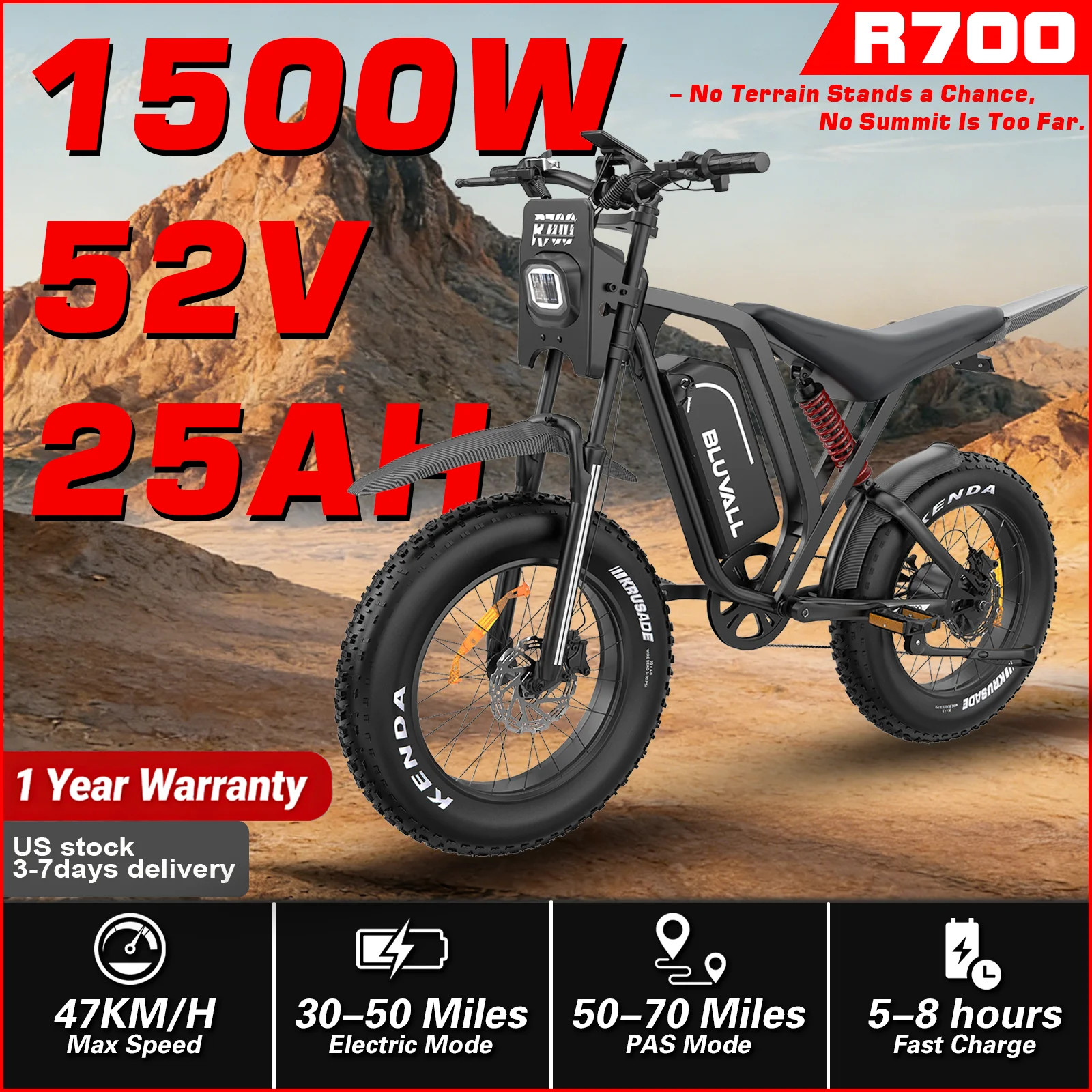 Bluvall 7 Speed Electric Bikes for Adults 1500W 52V 25Ah 20\