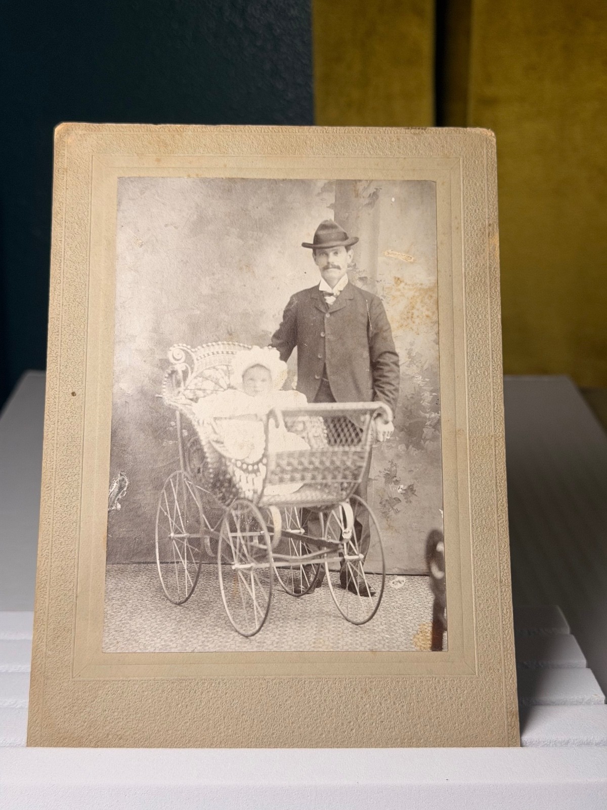 Antique 1890s Cabinet Card Photo Father Baby Victorian Wicker Carriage Pram Antique 1890s Cabinet Card Photo Father Baby Victorian Wicker Carriage Pram