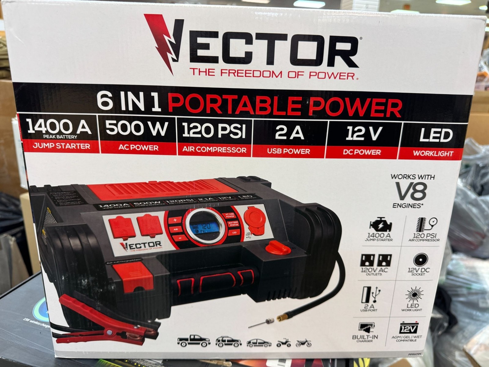 Vector 6-In-1 Portable Power Station 1400A Jump Starter 500W AC 120 PSI Compress