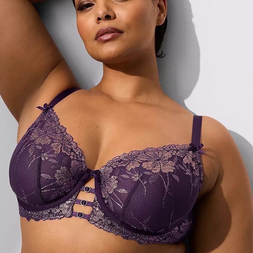 Cacique Seriously Sexy Unlined Balconette Bra Purple Rose Gold Floral 44DD NEW