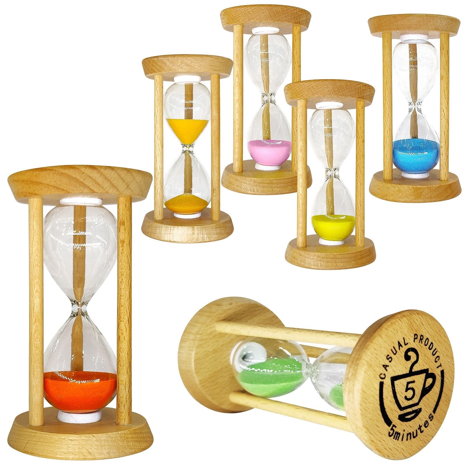 6PCS Colorful Wooden Sand Timer Set - 30 Sec to 10 Min Hourglass Clocks for Home