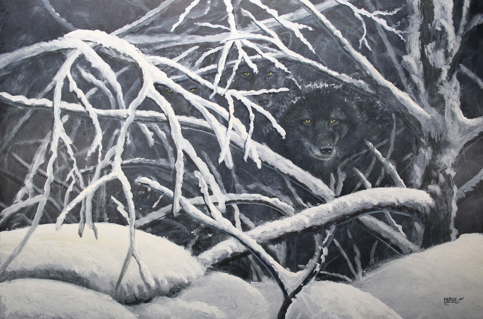 FRASE ORIGINAL PAINTING WOLF BLACK NIGHT WILDLIFE ART SNOW DUCK STAMP ARTIST