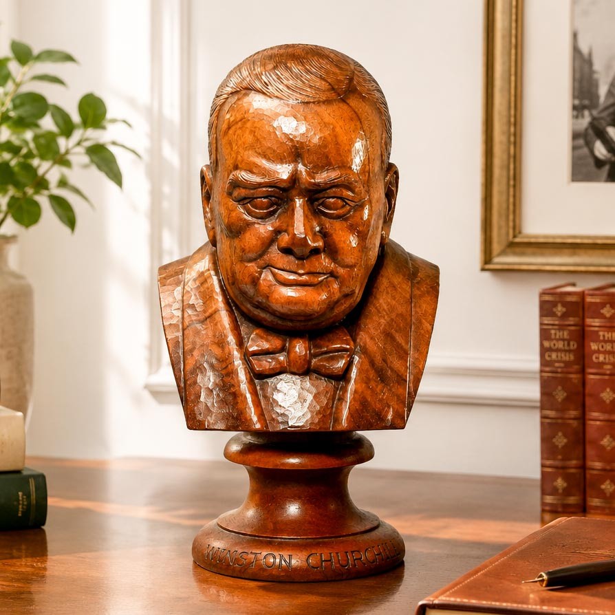 Nice Large Antique Winston Churchill Carved Wood Bust Statue Sculpture