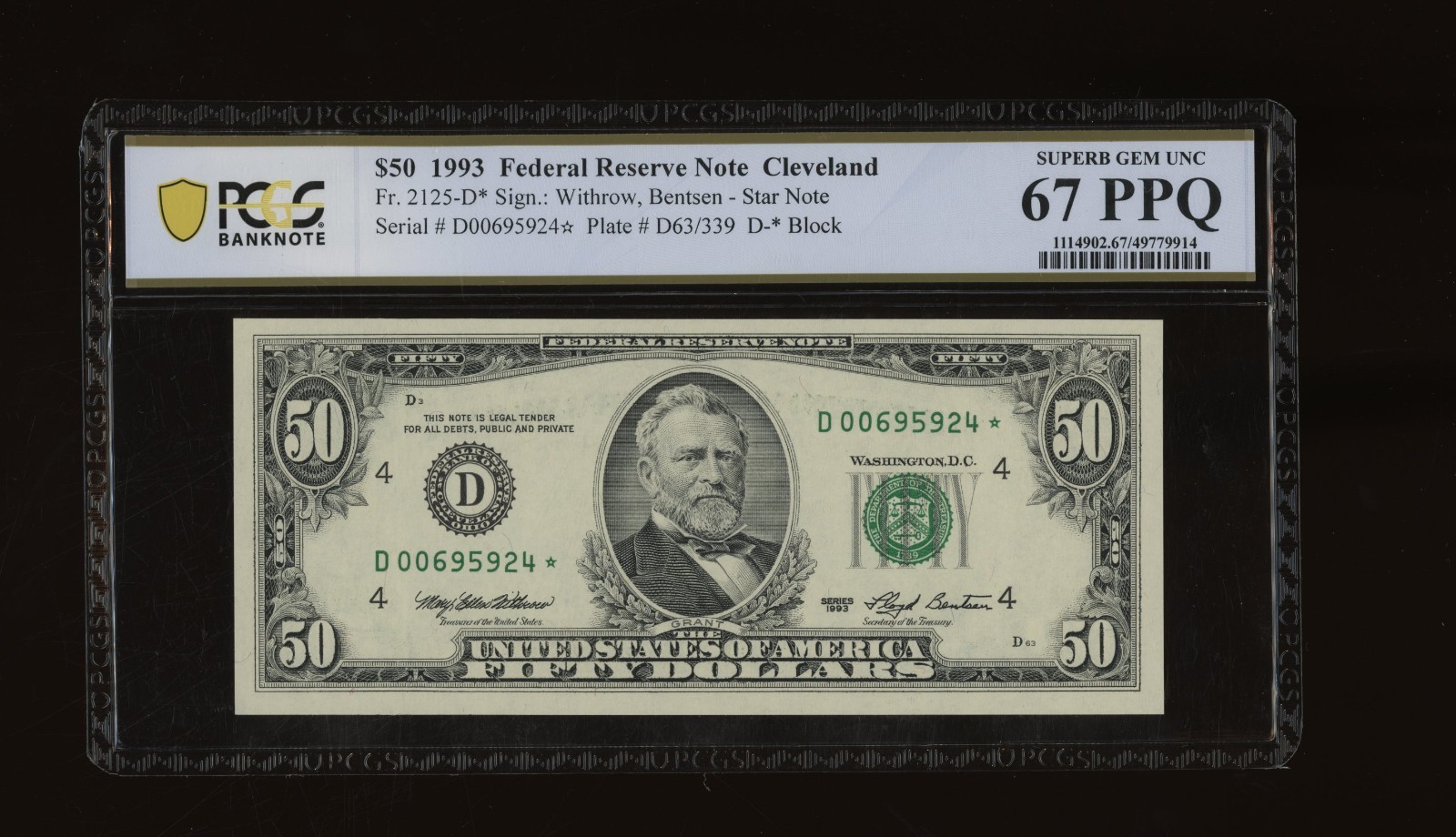 DBR 1993 $50 Cleveland STAR Fr. 2125-D* SuperGem PCGS-B 67 PPQ Serial D00695924*