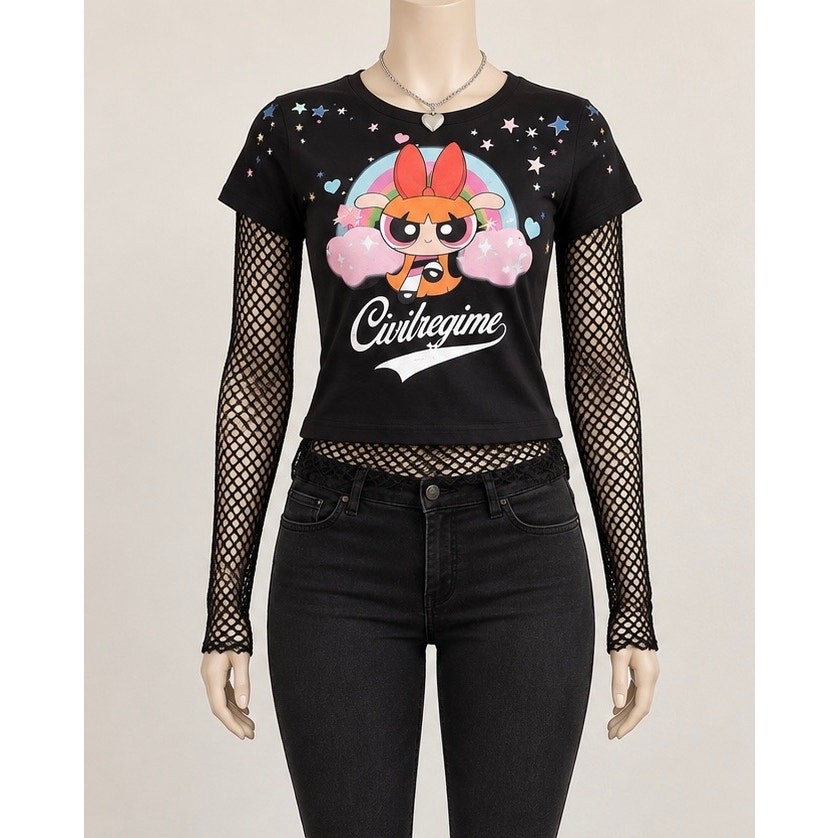 Civil Regime x Powerpuff Girls Blossom Baby Tee Black Y2K Graphic Crop Top L
