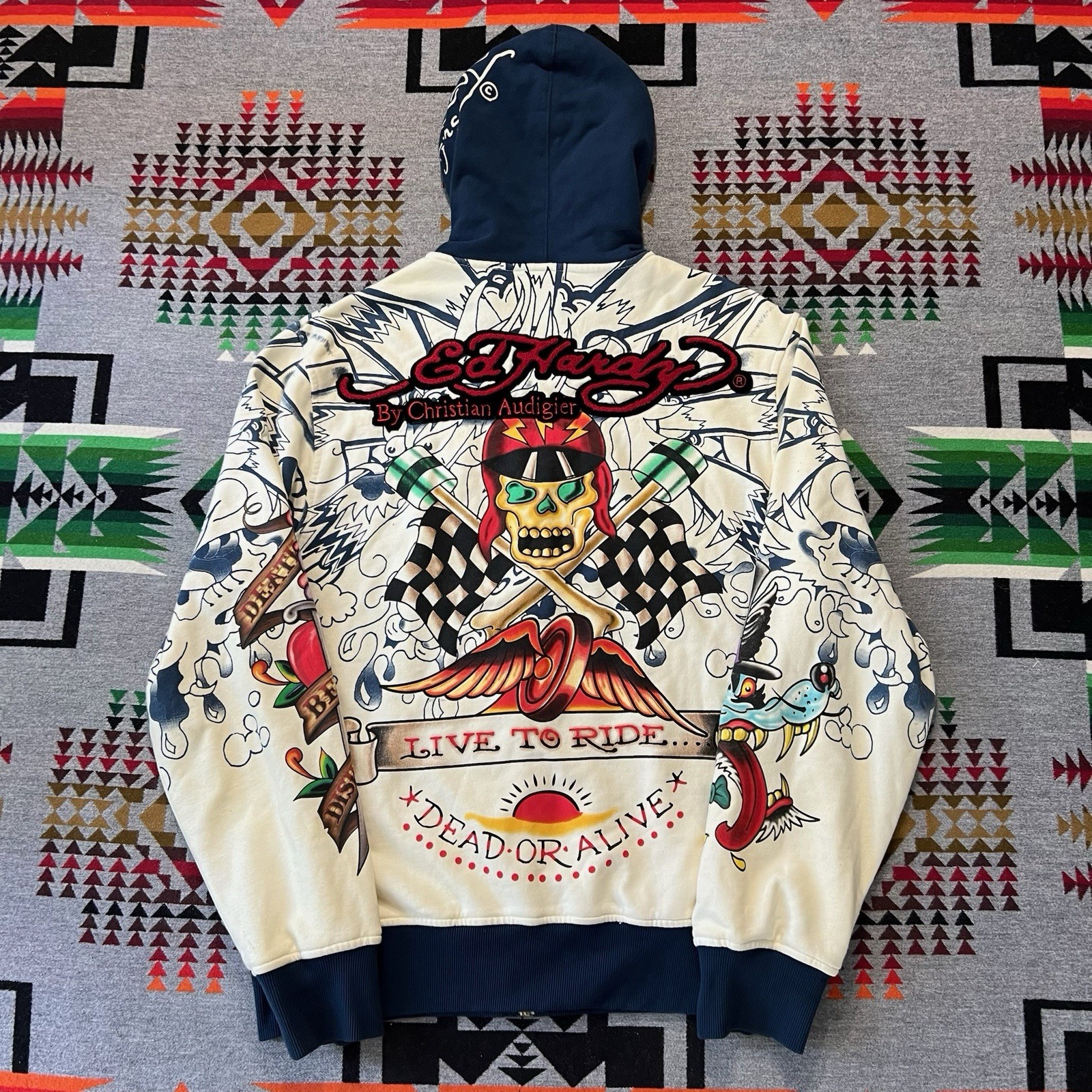 Vtg Y2K Ed Hardy Christian Audigier Tattoo Hoodie Mens 2XL Full Zip Live To Ride