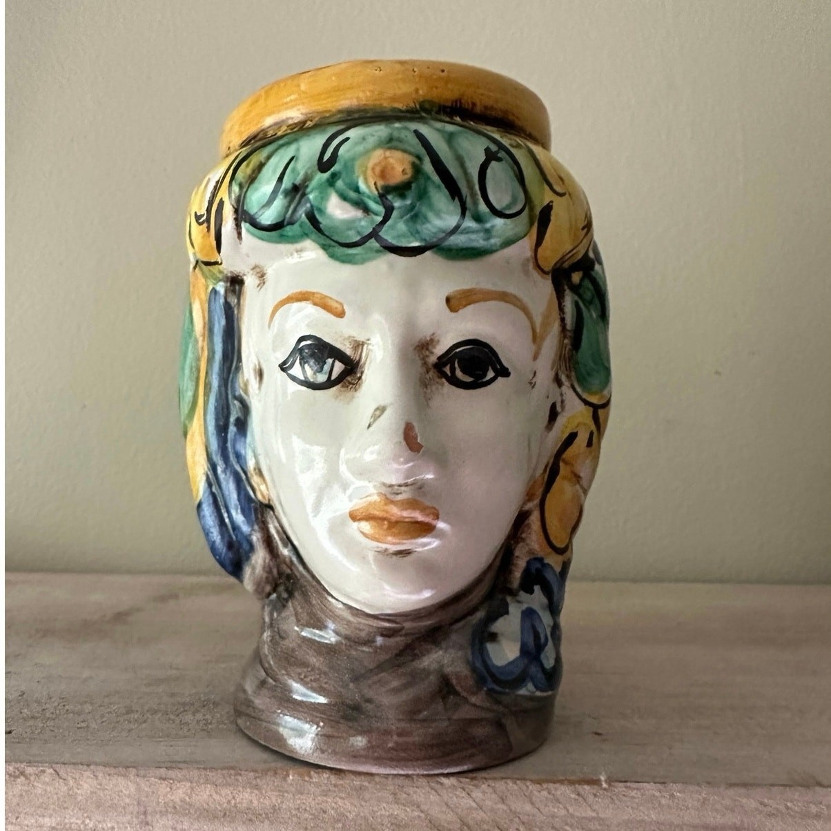 Vintage Sicilian Moor\'s Head vase Caltagirone woman 4.5”ceramic signed Vintage Sicilian Moor\'s Head vase Caltagirone woman 4.5”ceramic signed