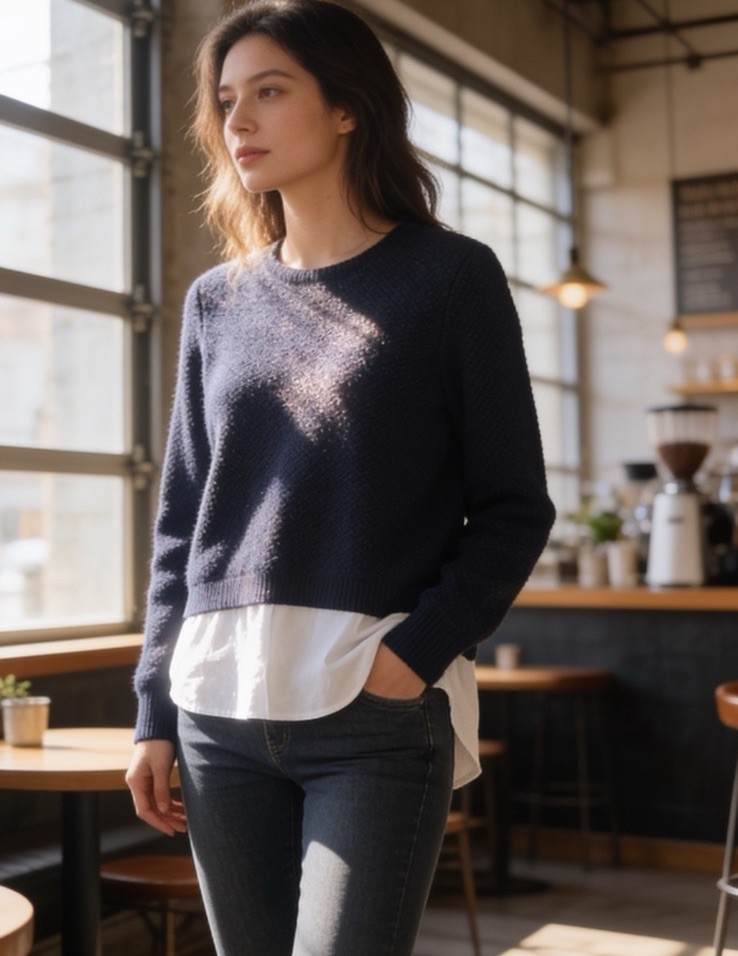 Size M Women’s J Crew Navy 100% Wool Shirttail Crewneck Preppy Sweater 