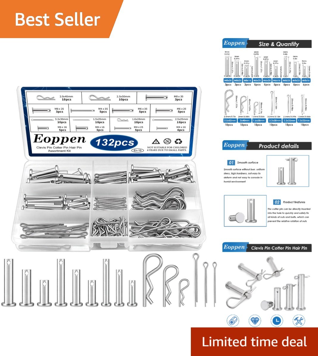 Versatile 132Pcs Clevis Pin, Cotter Pin & R Clips - Rust Resistant & Reliable