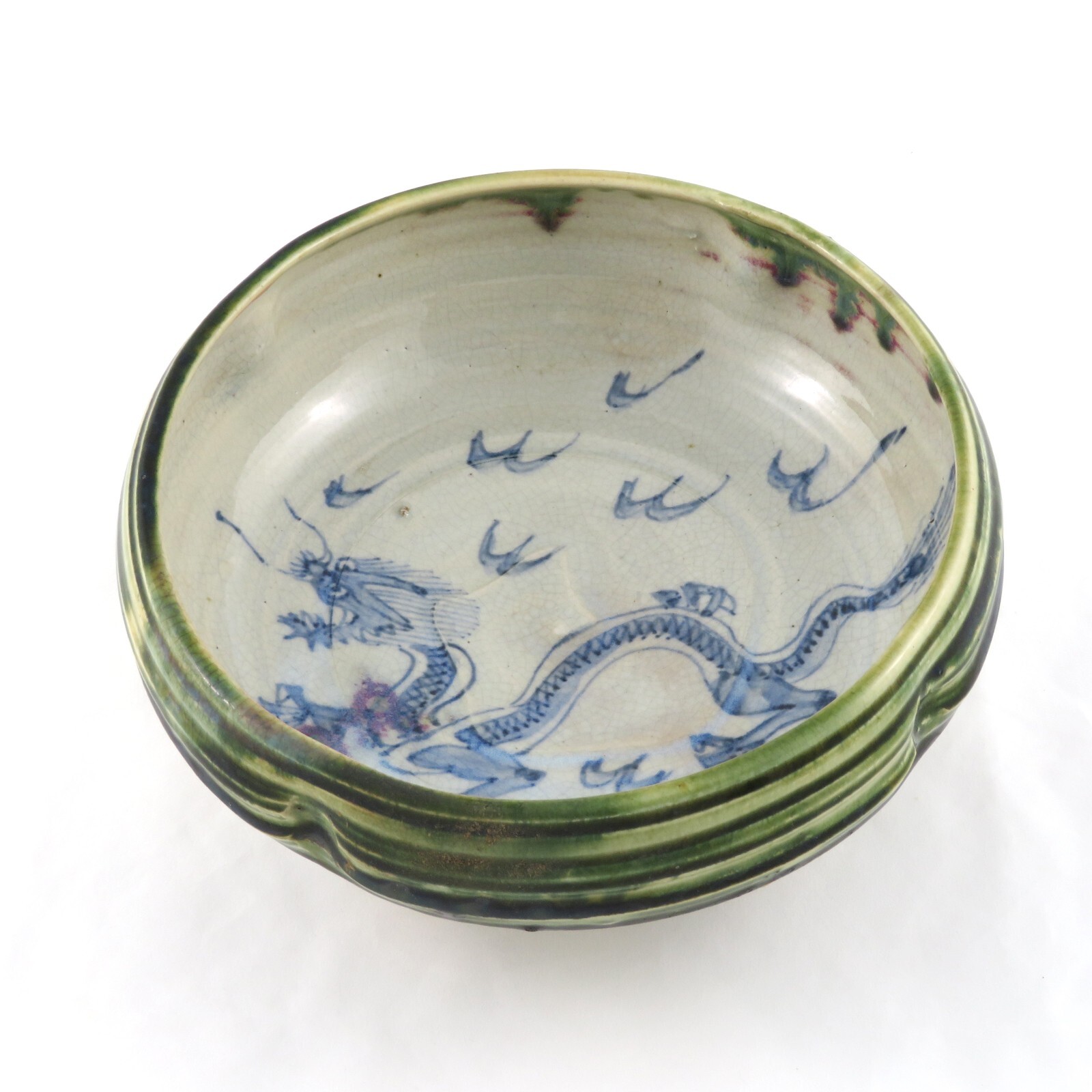 Vintage Japanese Oribe Stoneware Bowl Auspicious Guardian Dragon Tea Ceremony Vintage Japanese Oribe Stoneware Bowl Auspicious Guardian Dragon Tea Ceremony