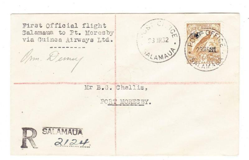 New Guinea SG#170-FIRST FLIGHT-Mu#17-PILOT AUTOGRAPH-SALAMAUA 23/MR/32-