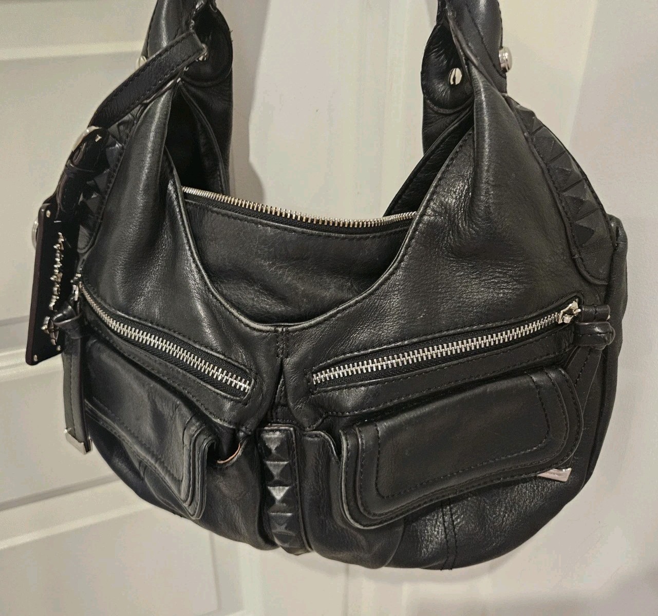 B Makowsky Black Leather Studded Satchel Handbag Leopard Lining Multi Pocket B Makowsky Black Leather Studded Satchel Handbag Leopard Lining Multi Pocket