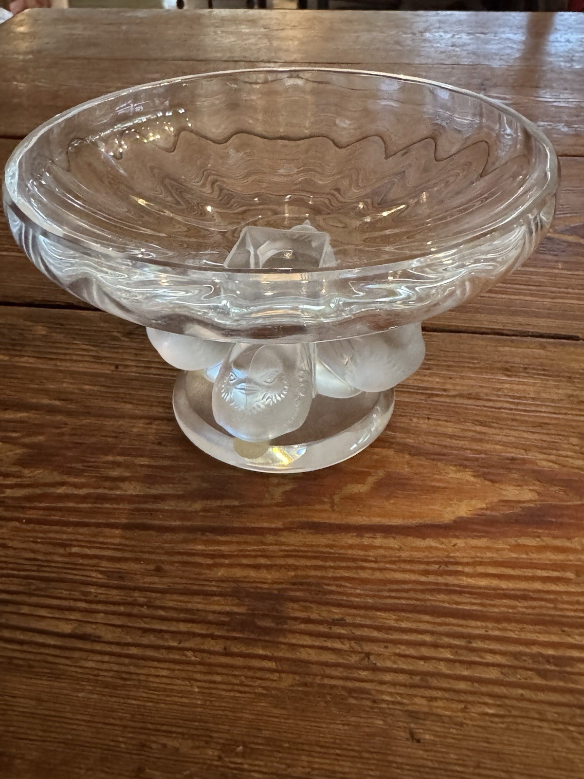 Vintage Lalique France Nogent Crystal Compote Bowl w/ Four Frosted Sparrow Birds