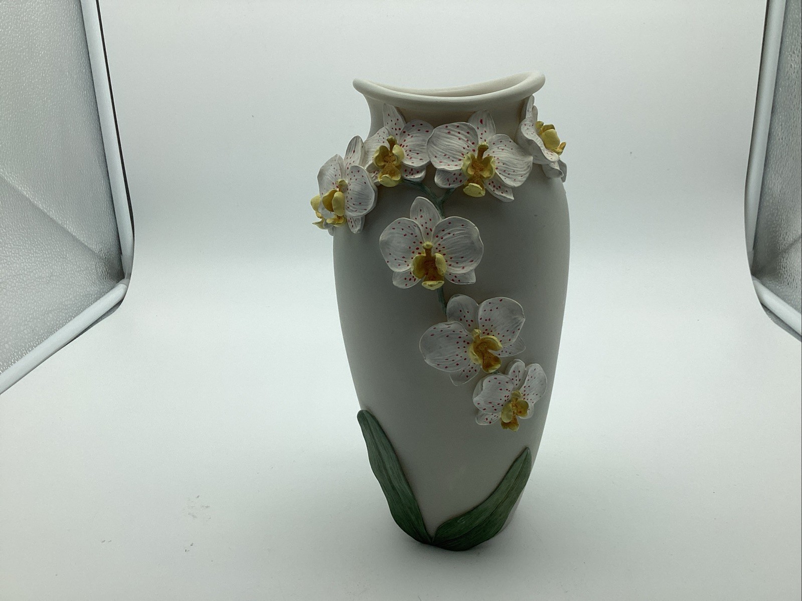 Contemporary Ceramic Vase With Applied Three Dimensional Orchid Blossoms 9” Tall