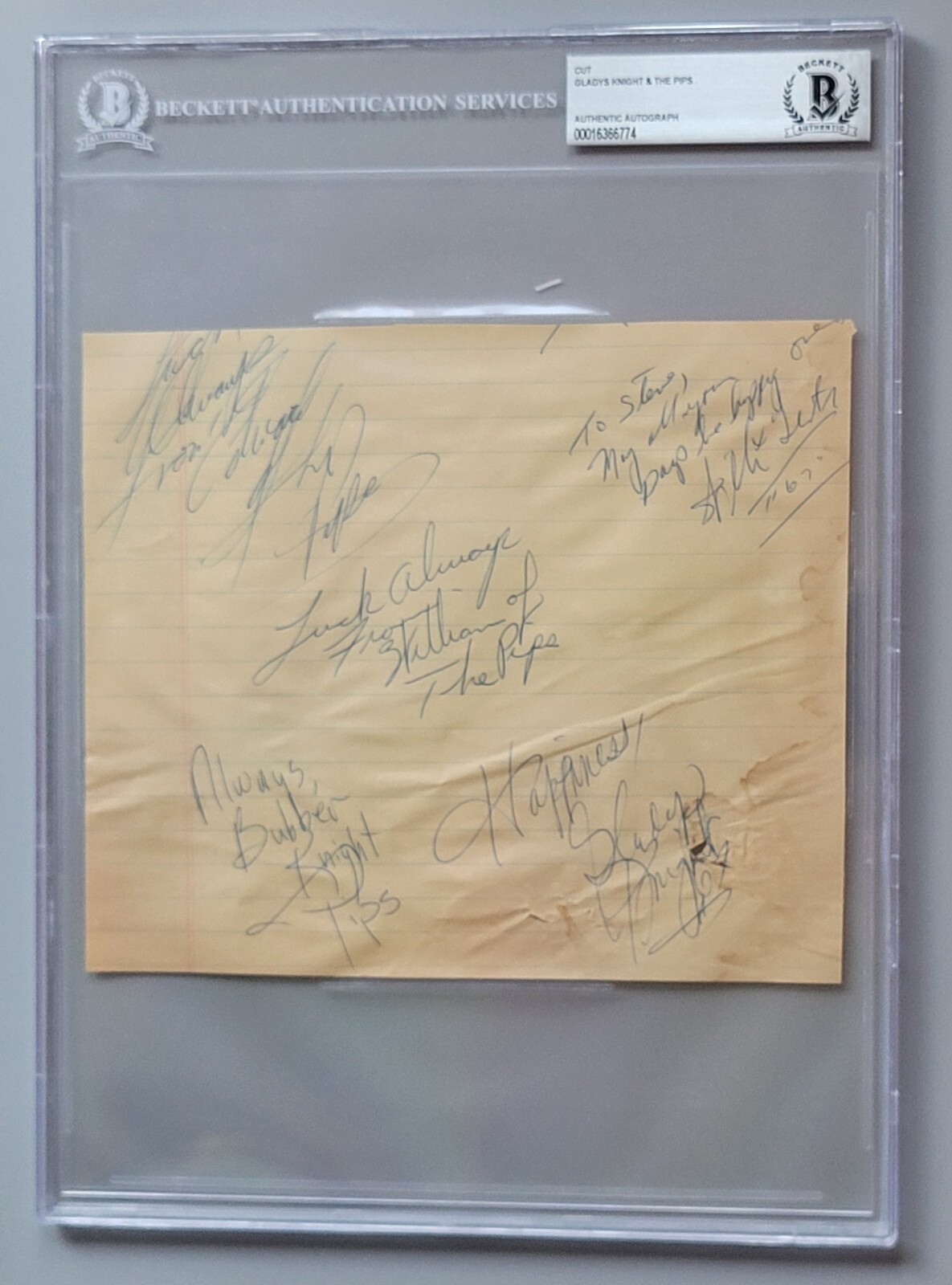 GLADYS KNIGHT & THE PIPS SIGNED SLAB BECKETT BAS COA AUTOGRAPHED CUT SOUL MUSIC
