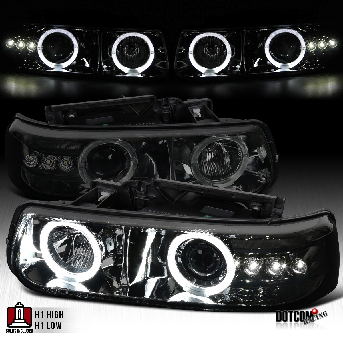 Fit 1999-2002 Silverado 1500 2500 Tahoe Smoke LED Halo Projector Headlights Lamp Fit 1999-2002 Silverado 1500 2500 Tahoe Smoke LED Halo Projector Headlights Lamp