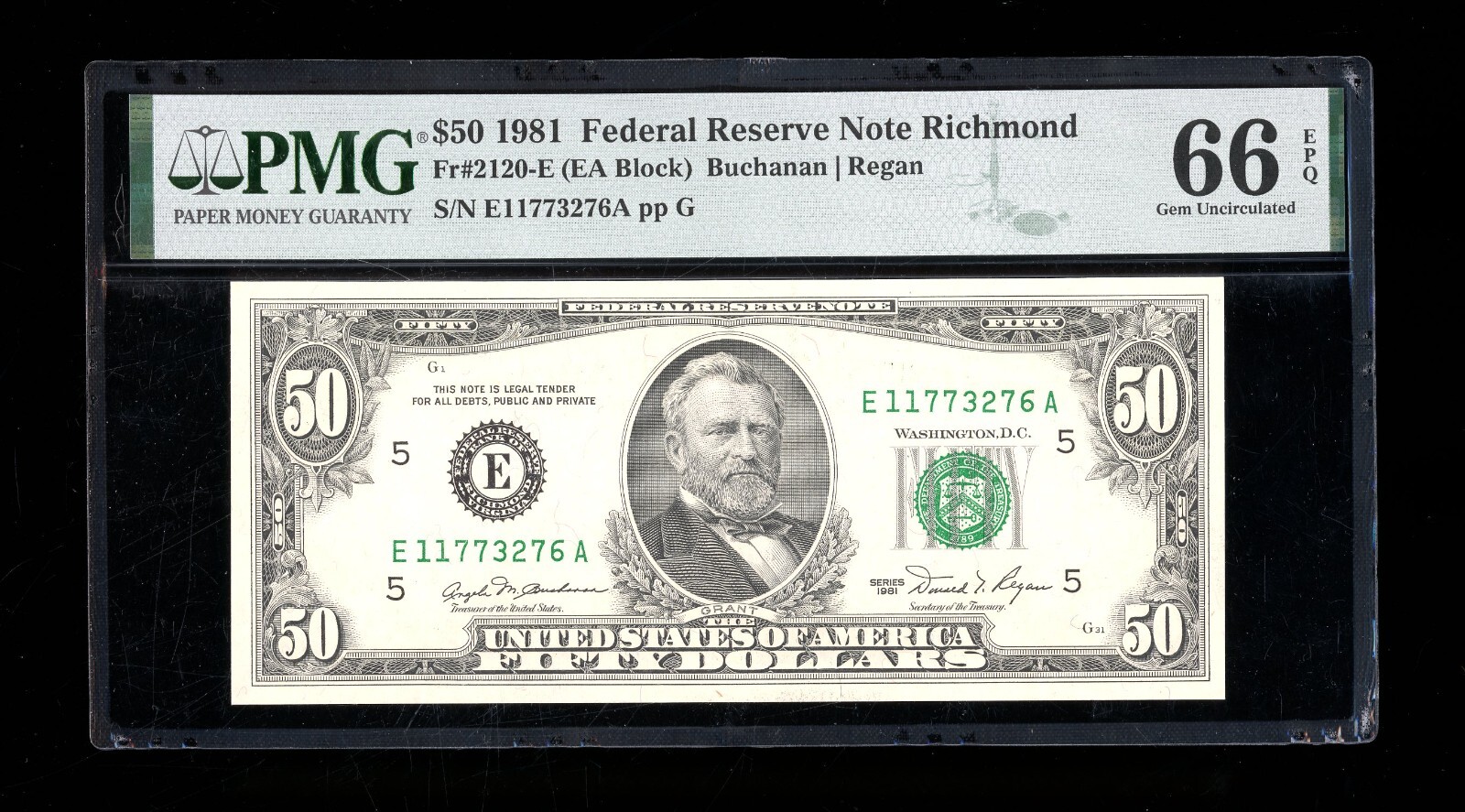 DBR 1981 $50 FRN Richmond Gem Fr. 2120-E PMG 66 EPQ Serial E11773276A
