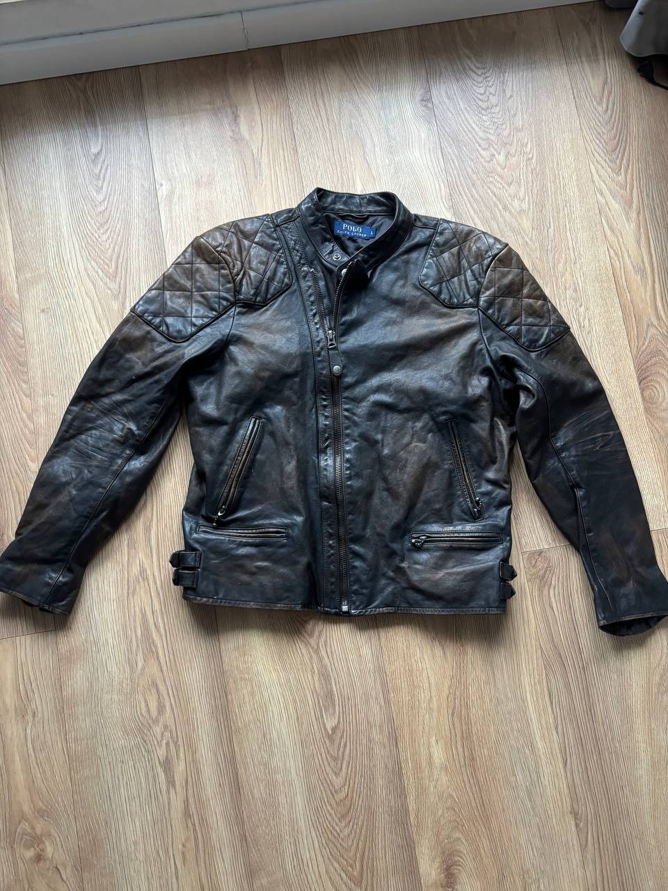 Polo Ralph Lauren Distressed Cowhide Leather Cafe Racer Biker Jacket Brown SizeL