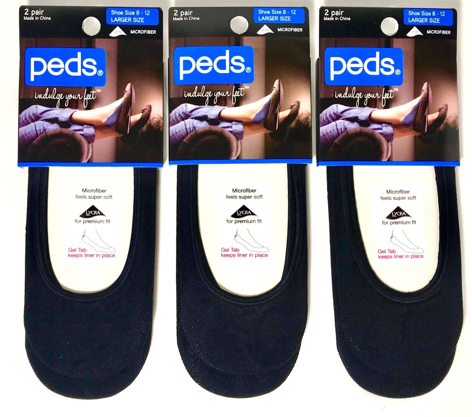  PEDS 6 PR LADIES *LARGER SIZE* SHOE LINERS WITH GEL TAB BLK SZ LG FIT 8-12 SHOE