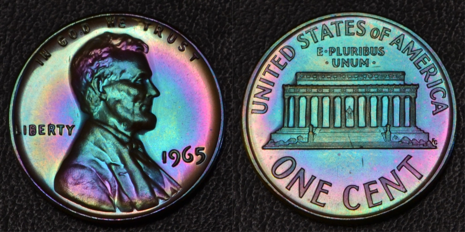 1965-P SMS Lincoln 1 One Cent Rainbow Toning (L66-23)