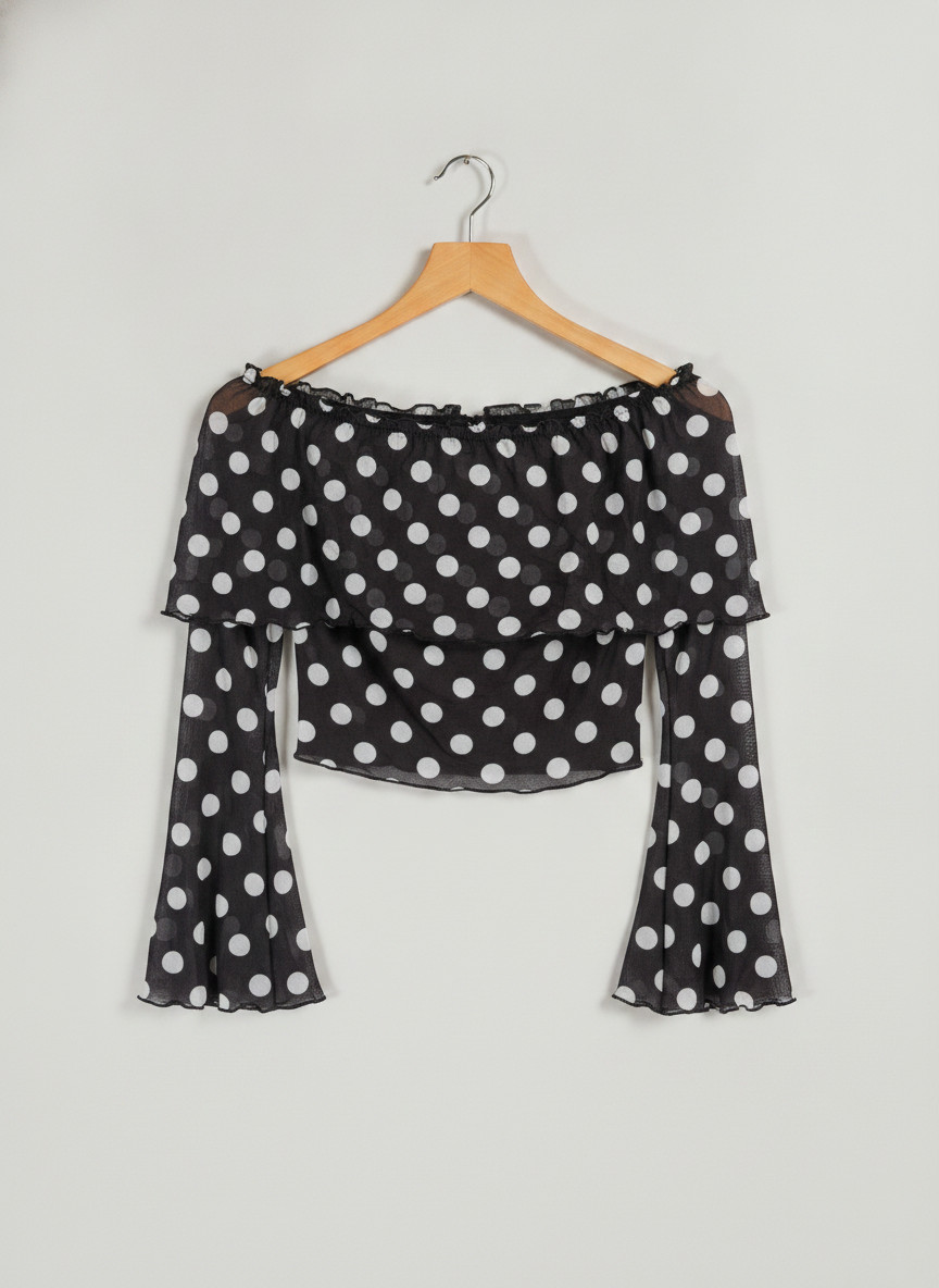Verdusa Women\'s Black 70S Off Shoulder Renaissance Polka Dots Tops Bell Sleeve S