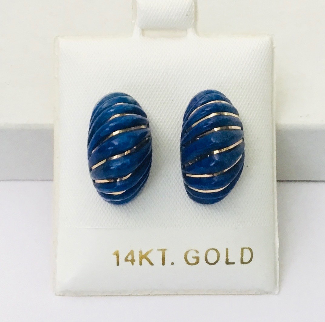 Beautiful  Solid  14K  Yellow  Gold  Natural  Blue  Lapis  Dome  Earrings  NEW