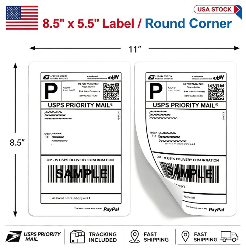 8.5x5.5 Half Sheet Shipping Labels for Laser & Inkjet - 2 Per Page Self Adhesive