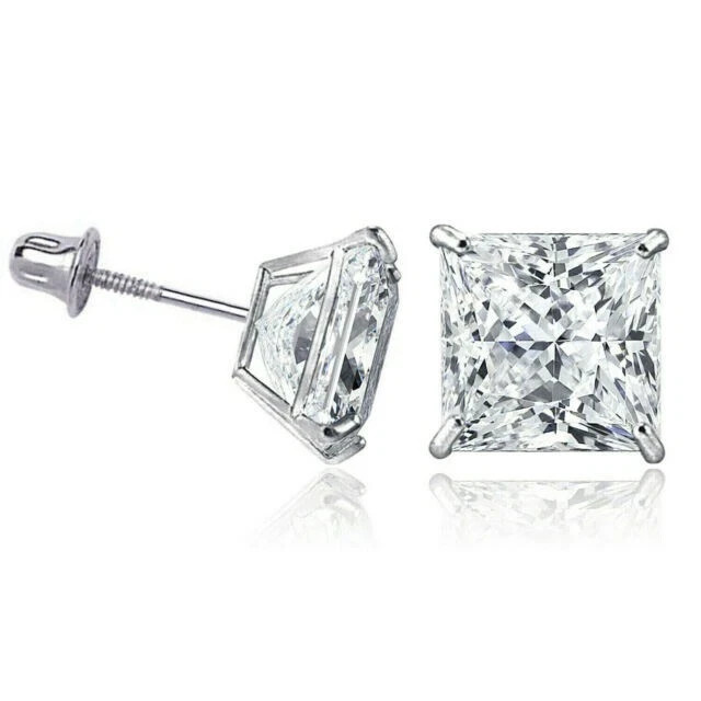 2.00Ct Princess Cut Natural Diamond 14K White gold Stud Earring Engage & Wedding
