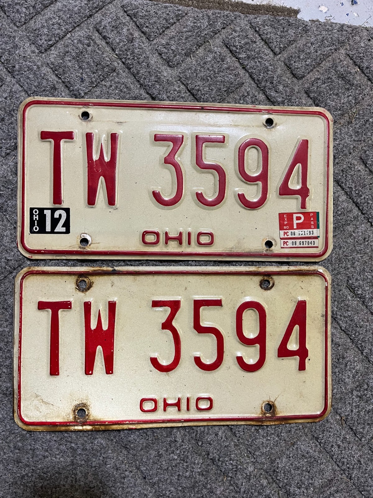 1976 1980 Ohio License Plate Auto Tag Garage Decor Vintage TW 3594 Red on White