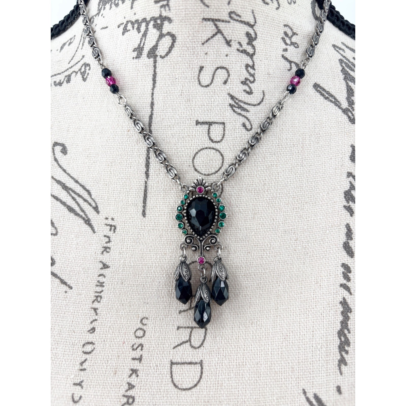 1928 Victorian Revival Silver Black Crystal Pendant Necklace Gothic Statement