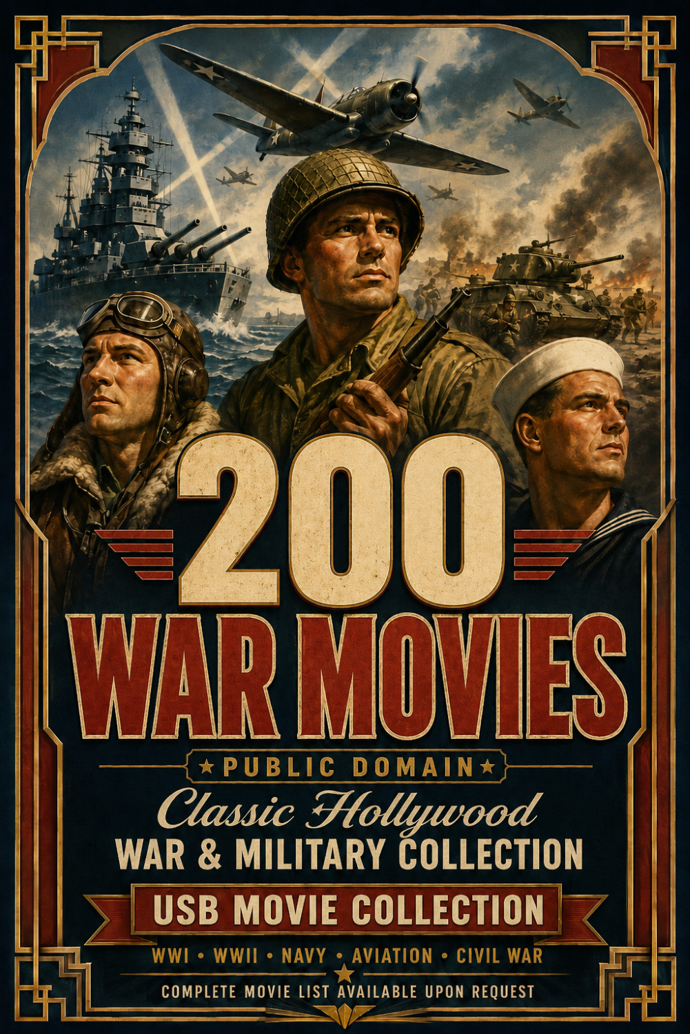 200 Public Domain War Movies USB Classic Hollywood WWII WWI Military Films