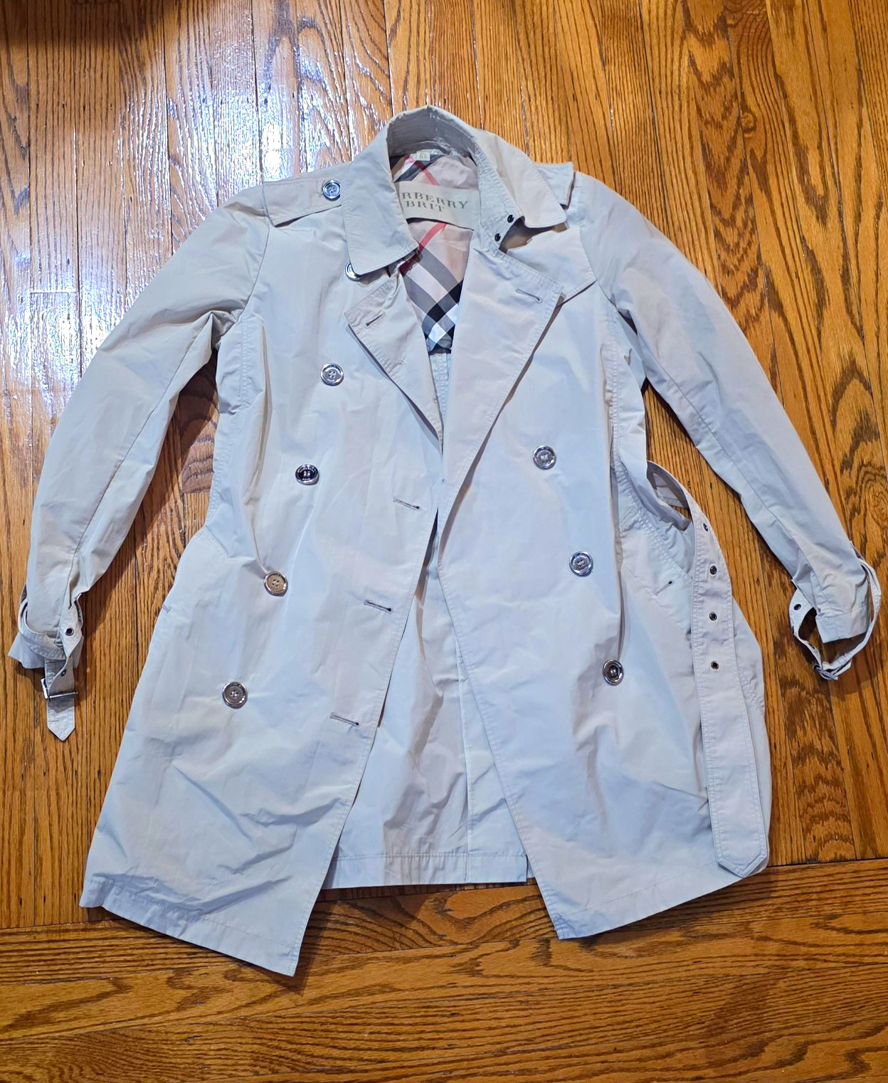 Burberry Brit Womens Beige Trench Coat Size 4 Mid-Length Plaid Lined Pockets