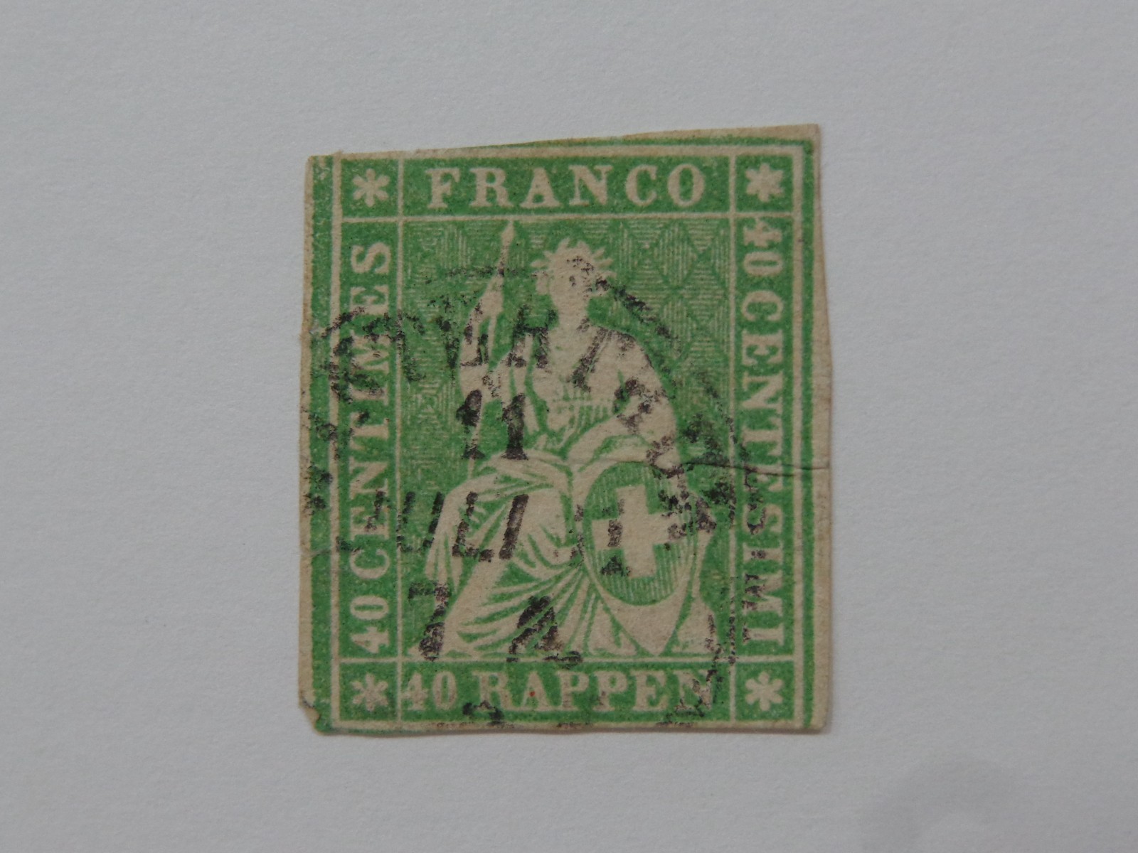 RARE 1854-62 SWITZERLAND SITTING HELVETIA (STRUBEL) 40 RAPPEN STAMP SC#40
