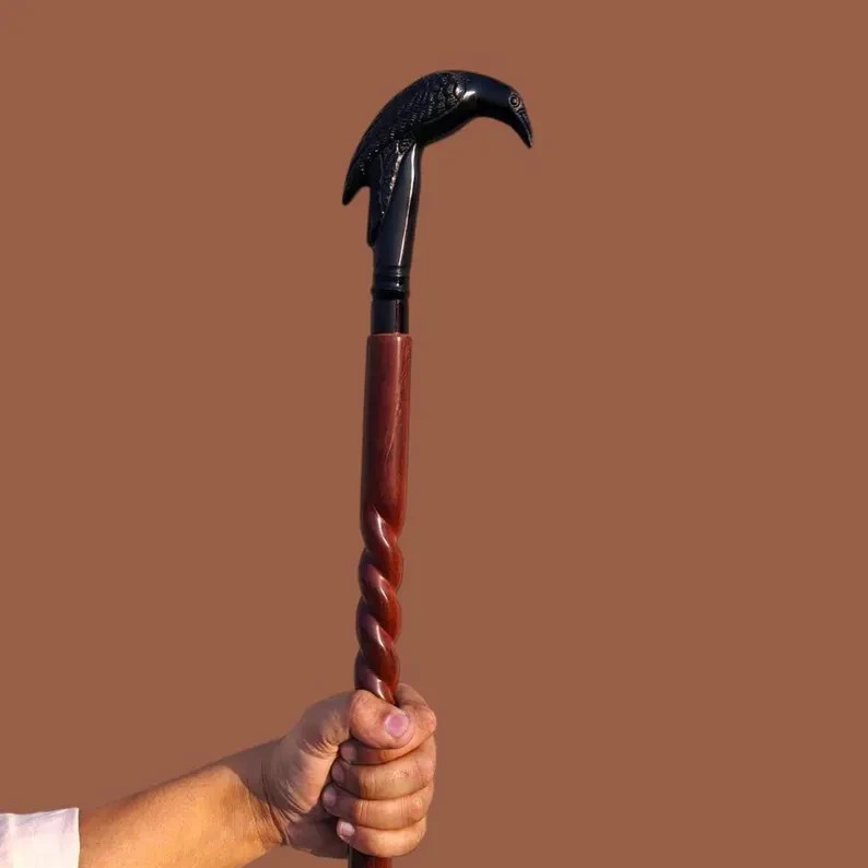 Raven Walking Stick: Norse Mythology Inspired Cane, Handcrafted Wood & Brass 38\