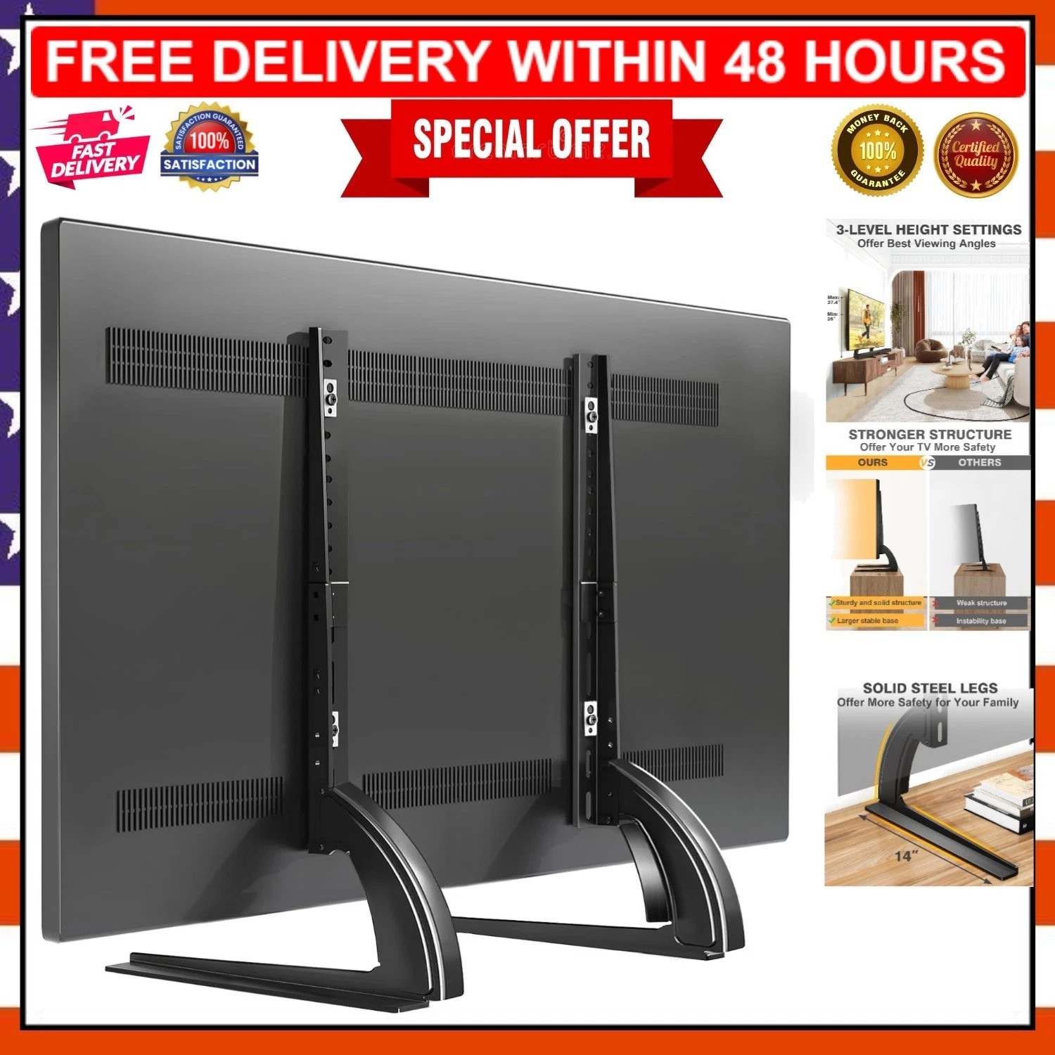 TAVR Height Adjustable Table Top TV Stand for 27-65 Inch TVs, 88 lbs Capacity