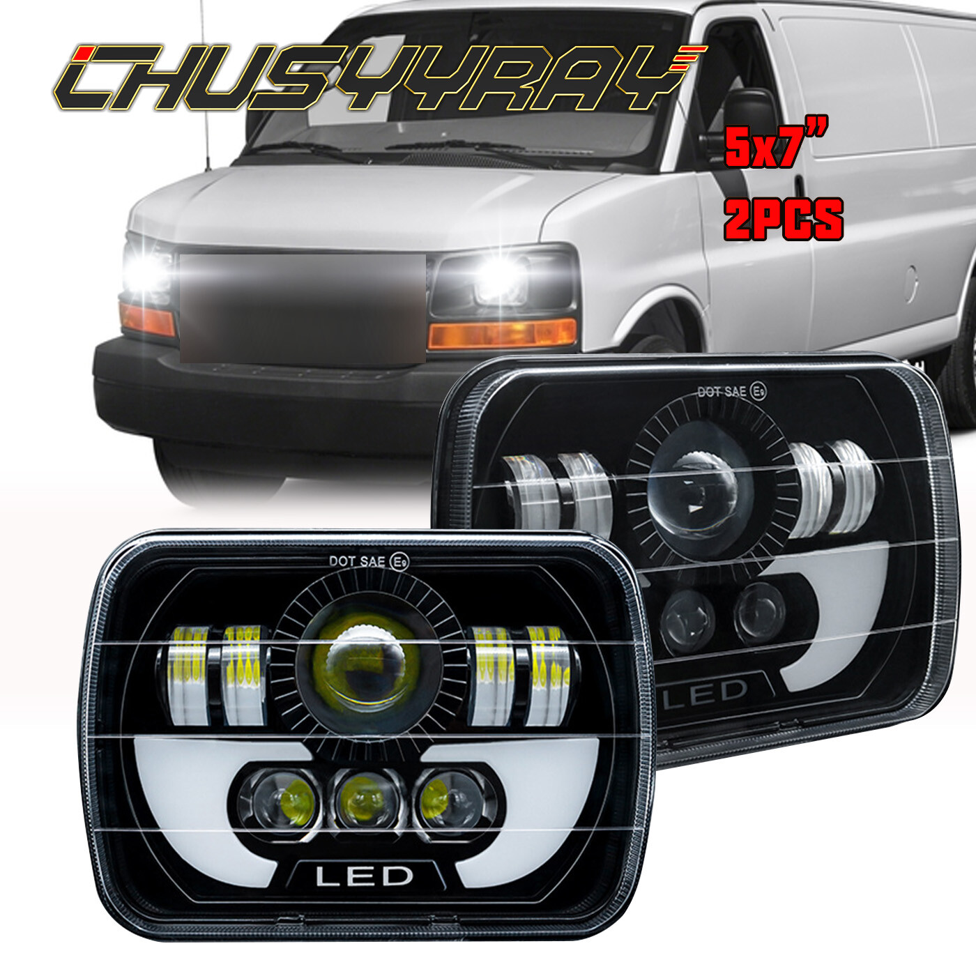 Pair 7x6 5x7 LED Headlights Hi/Lo/DRL For Chevy Express Cargo Van 1500 2500 3500