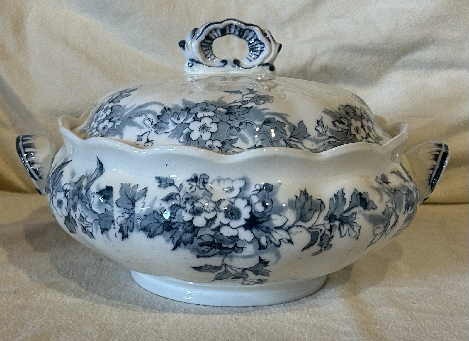 Antique Furnivals MAY Blue & White Floral Transferware Soup Tureen W/Lid England