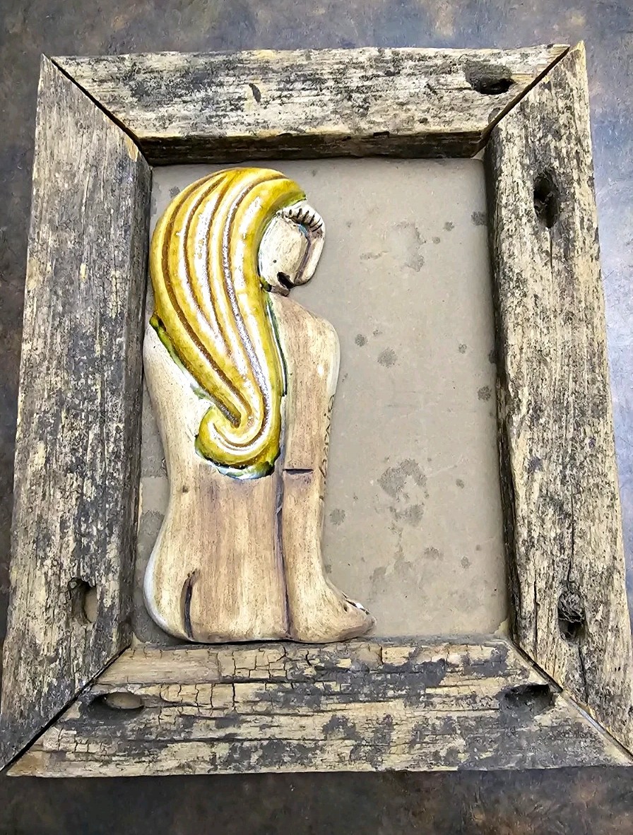 Vintage Signed Mid Century Ceramic Wall Plaque Signed Abstract Woman Relief Art