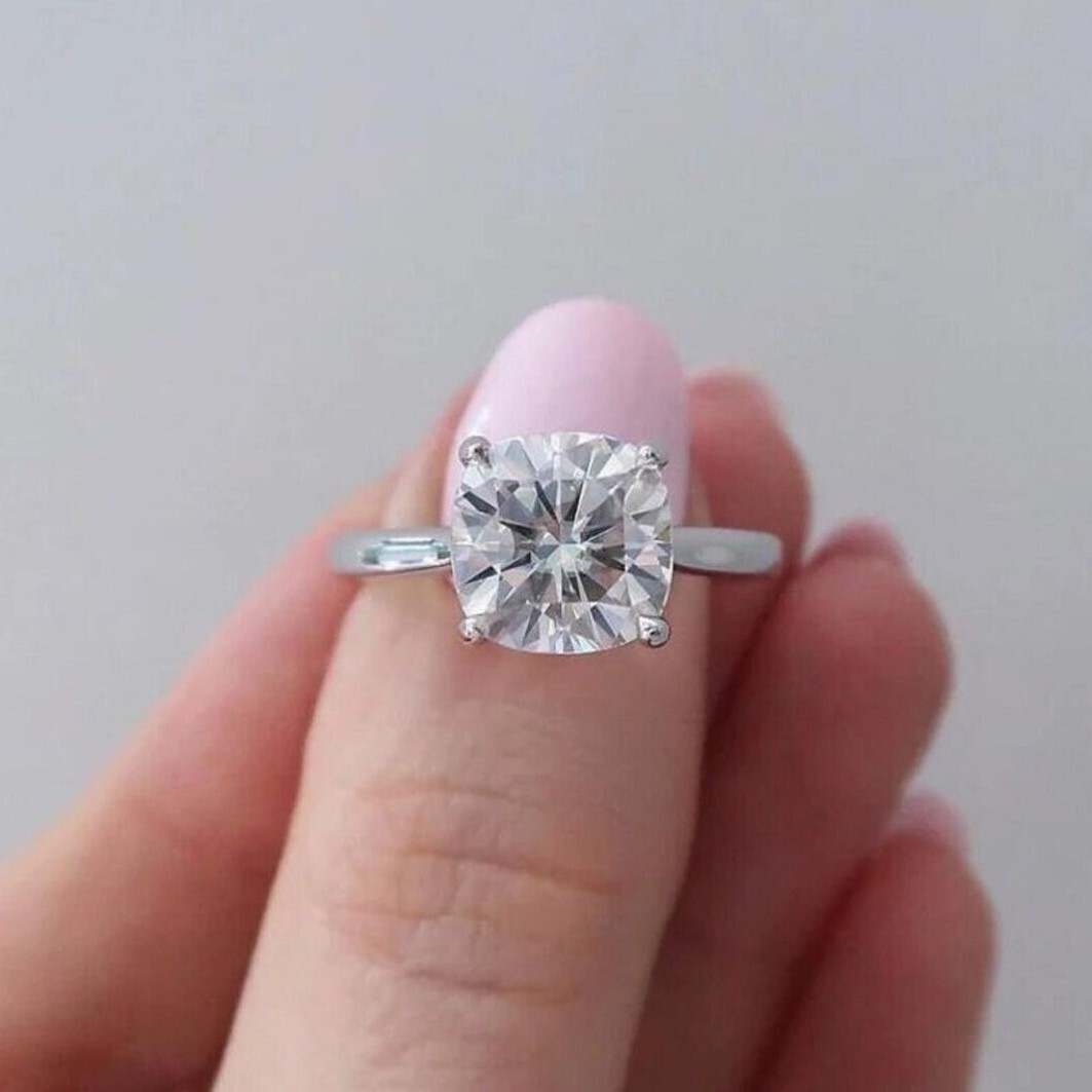 1.7 CTW Cushion Cut Moissanite Solitaire Engagement Ring 14k White Gold Plated