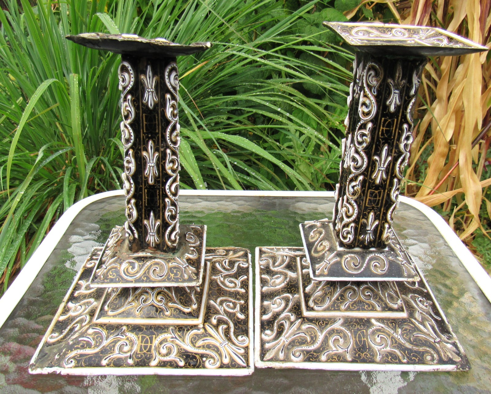 RARE ANTIQUE EARLY 19TH CENTURY PAIR OF FRENCH ENAMEL ON COPPER CANDLESTICKS