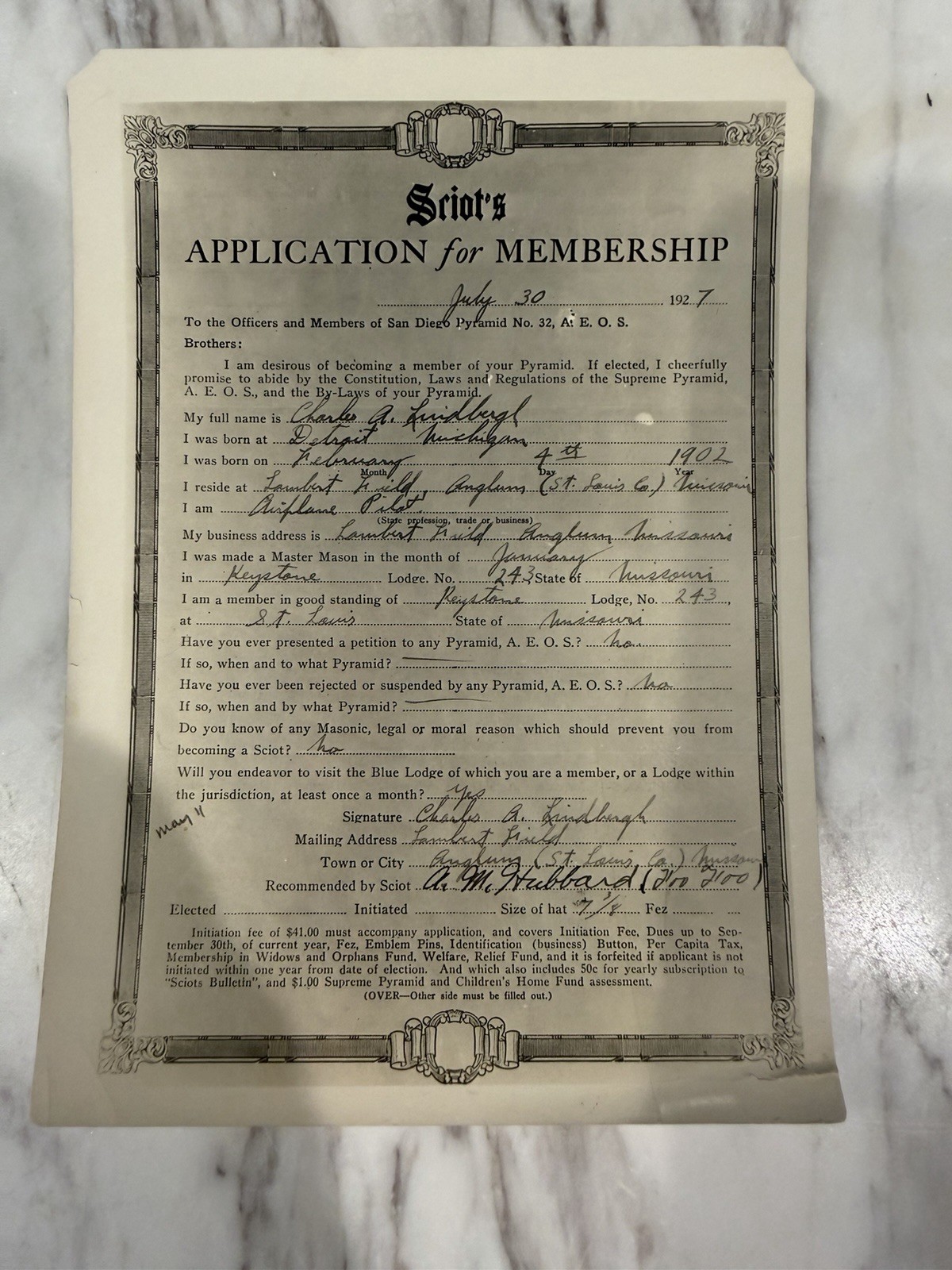 1927 Charles Lindbergh Masonic Sciots Membership Application Photo San Diego 1927 Charles Lindbergh Masonic Sciots Membership Application Photo San Diego