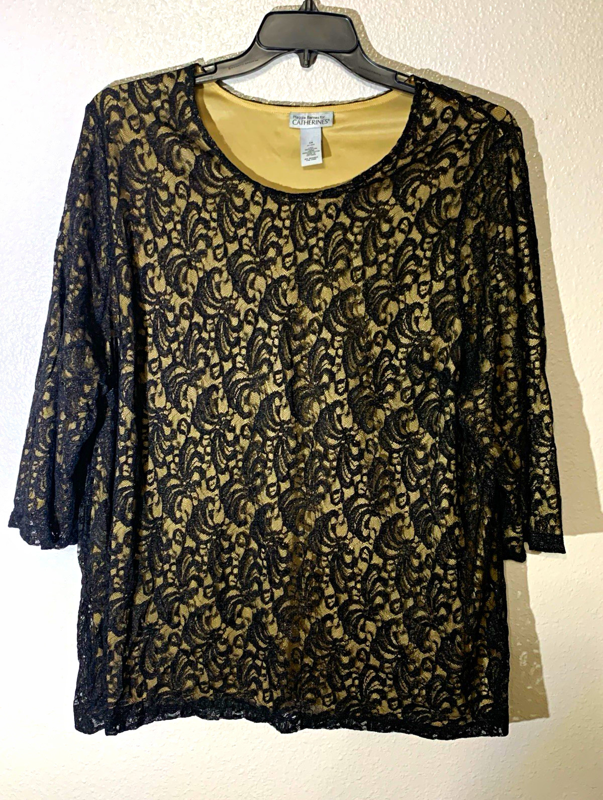 Maggie Barnes for Catherines Blouse; 3X Black/Beige Lace Lined Scoop 3/4