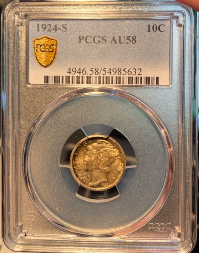 1924-S Mercury Dime PCGS AU58 Freshly Graded. Gold Shield 1924-S Mercury Dime PCGS AU58 Freshly Graded. Gold Shield