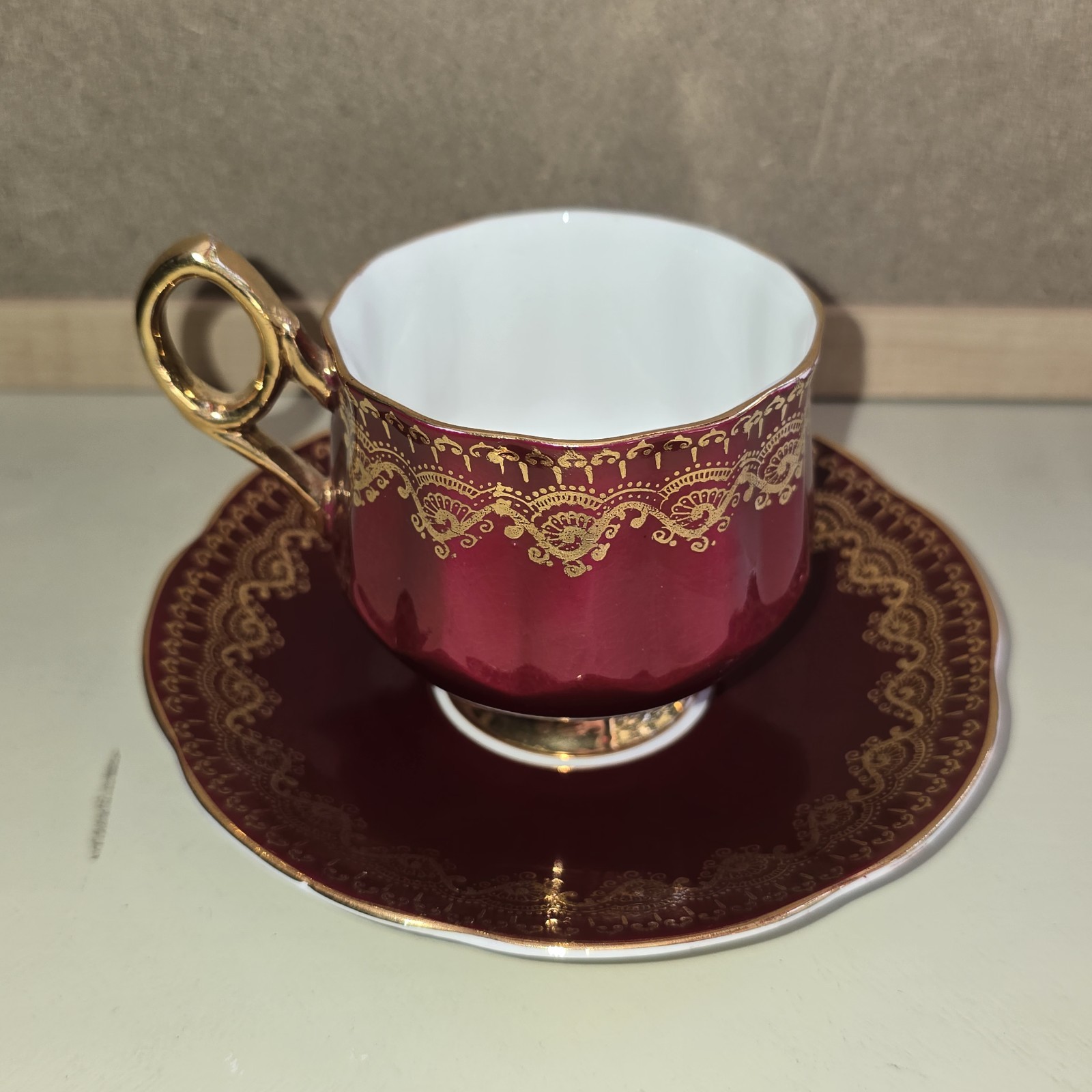 Rosina Teacup & Saucer Set Burgundy Gold Fine Bone China England UK Tea Cup 