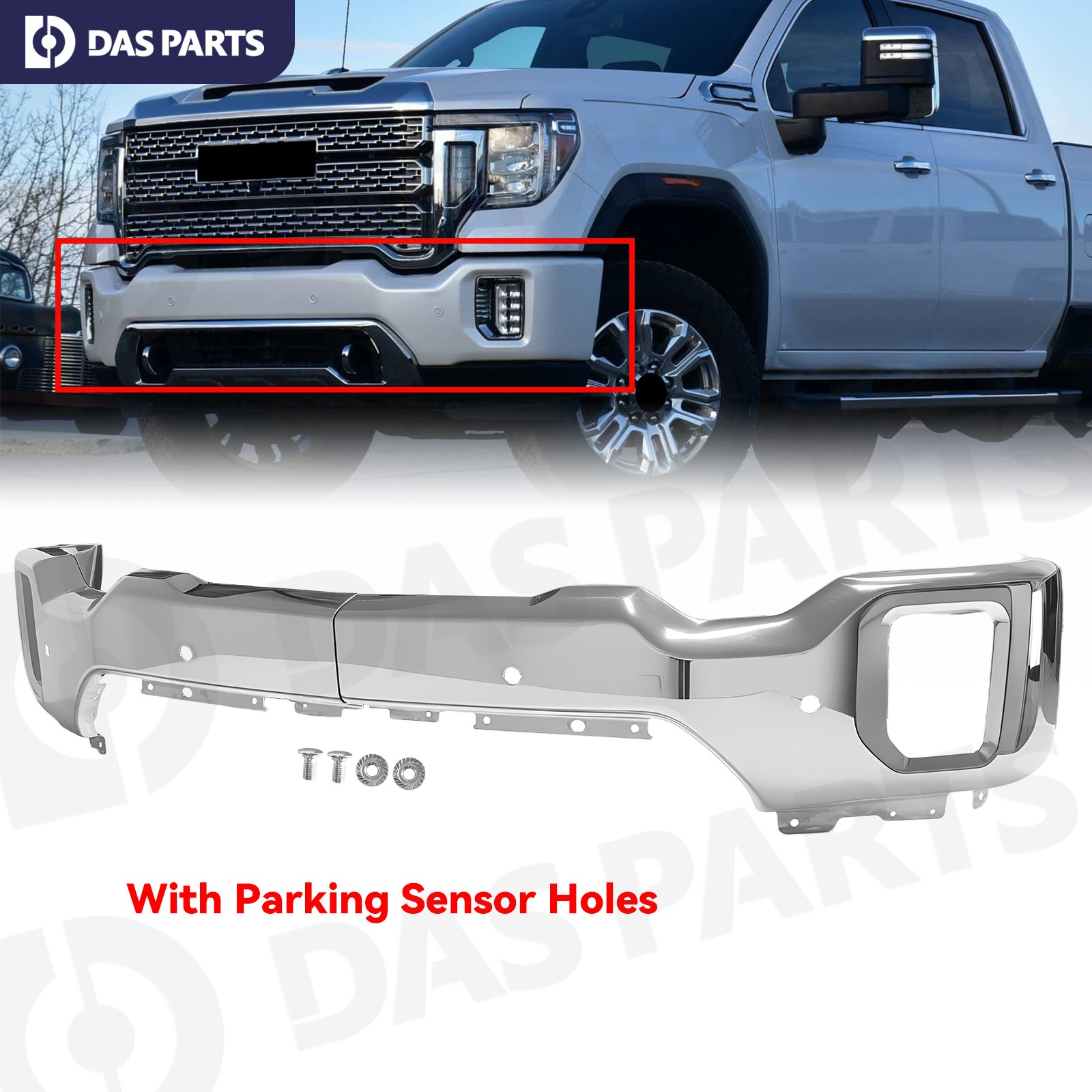 Chrome Steel Front Bumper For 2020-2023 GMC Sierra 2500 HD 3500 HD W/Senser Hole