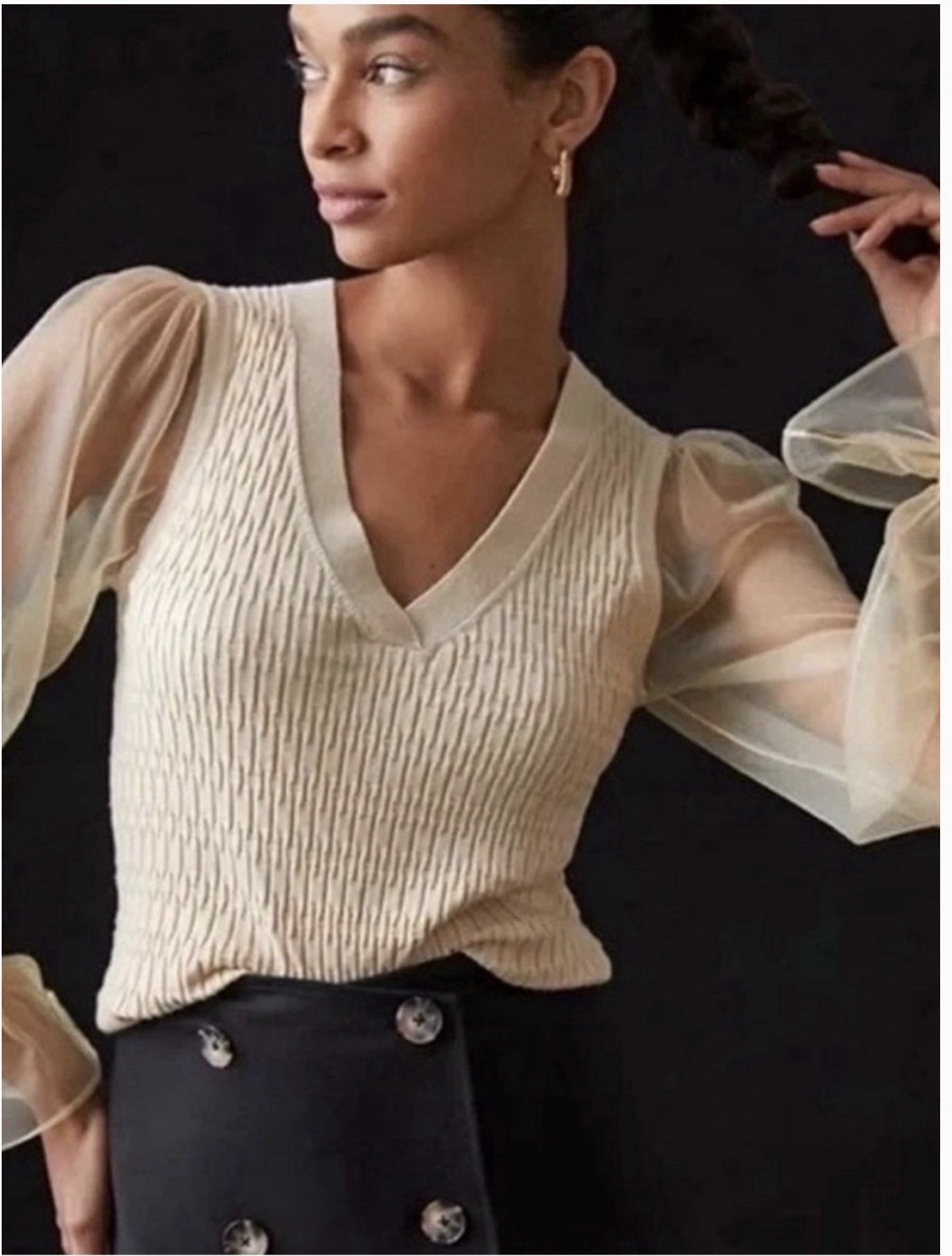 ANTHROPOLOGIE MAEVE Sheer Sleeve Textured Knit Top Cream $148 Castlecore Sz L ANTHROPOLOGIE MAEVE Sheer Sleeve Textured Knit Top Cream $148 Castlecore Sz L